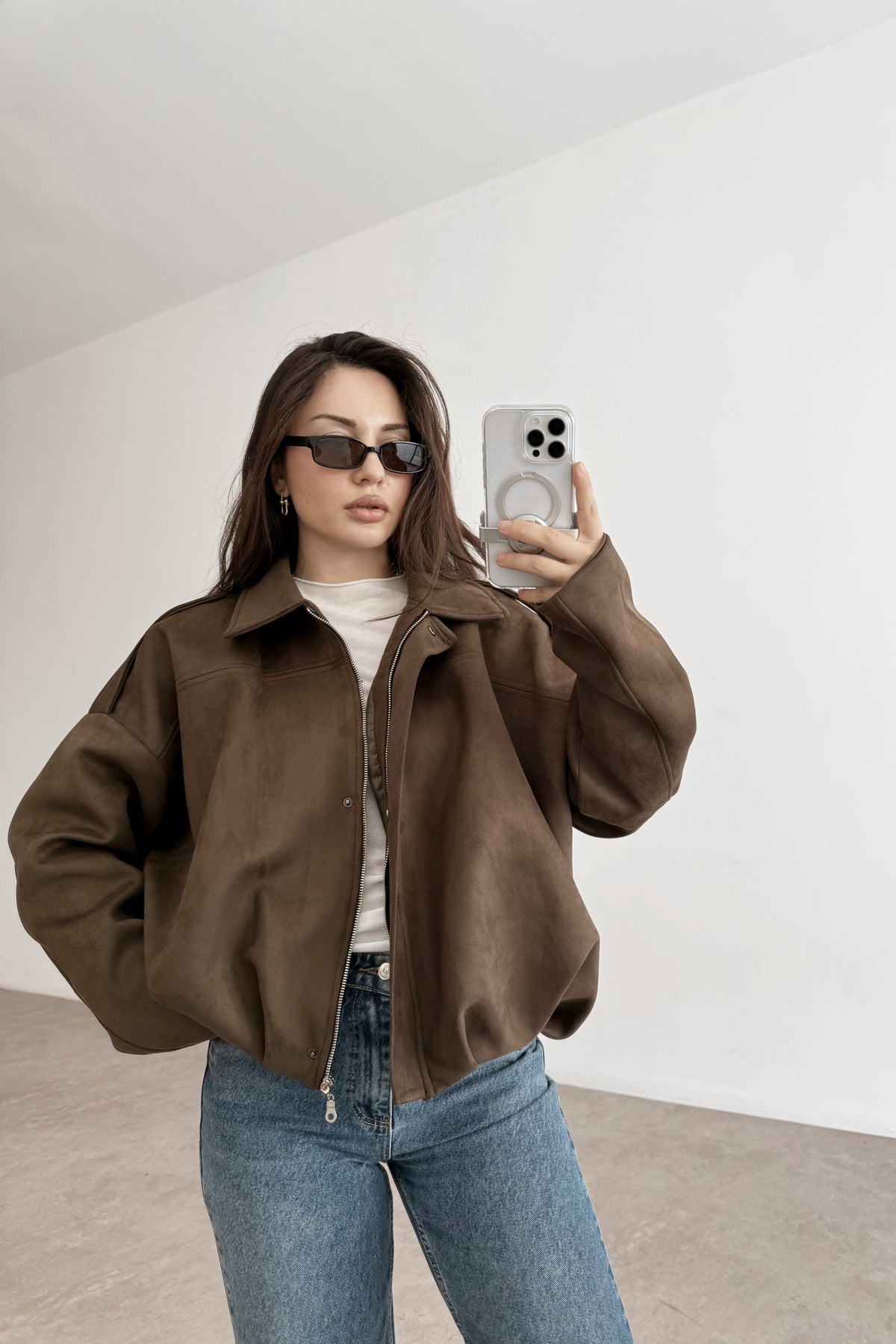 Zr model faux suede bomber jacket
