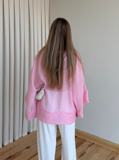 Chinese Buttoned Transparent Shirt - pink