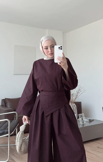 Wide sleeve blouse, Wide-leg trouser with Asymmetric attached Linen Suit