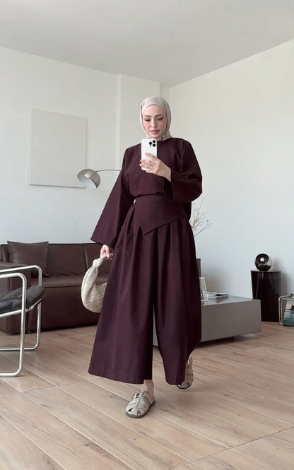 Wide sleeve blouse, Wide-leg trouser with Asymmetric attached Linen Suit