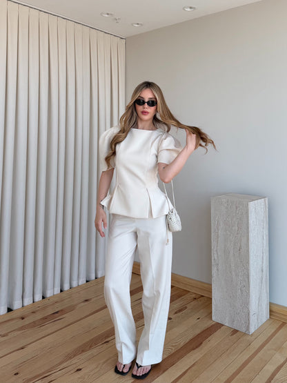 Beige Mateo Balloon Sleeve Blouse and Pants Set