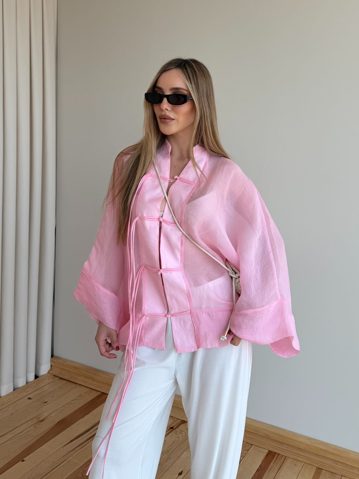 Chinese Buttoned Transparent Shirt - pink