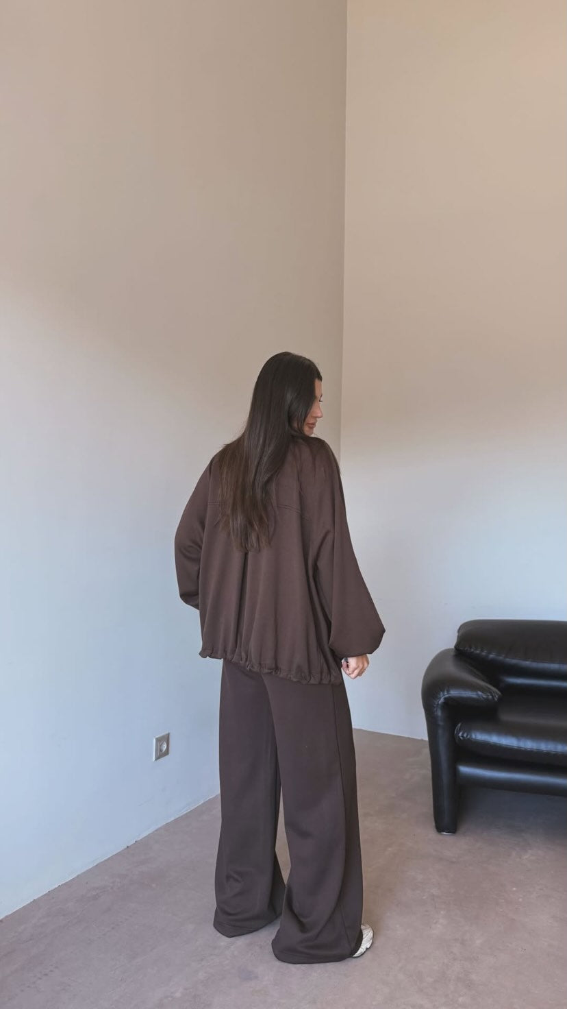 Oversized jacket with waistband straight leg trouser oysho fabric set - brown