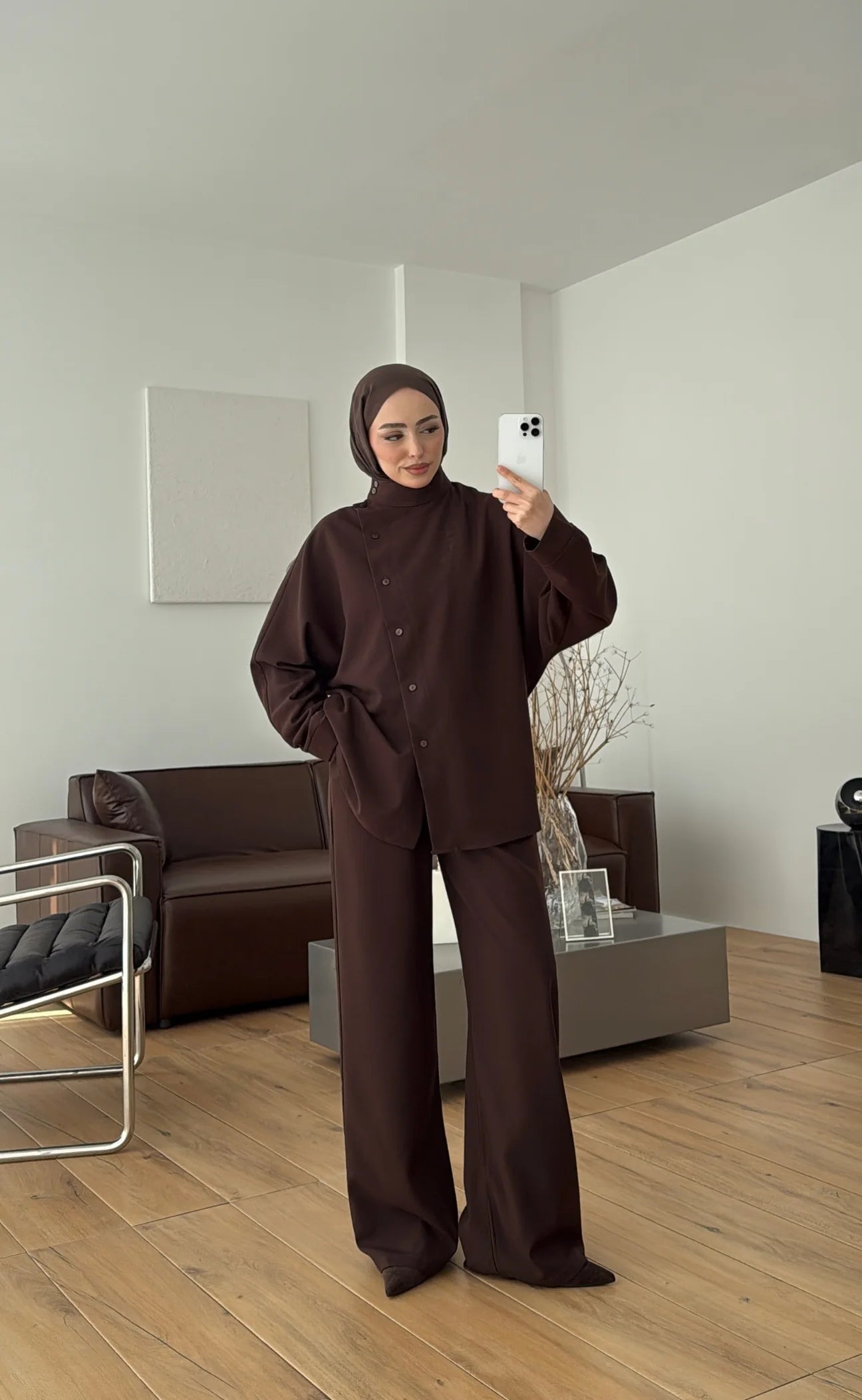 Belted side buttons shirt ,waistband straight leg trouser co-ord set-brown