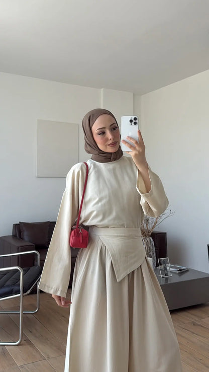 Wide sleeve blouse, Wide-leg trouser with Asymmetric attached Linen Suit