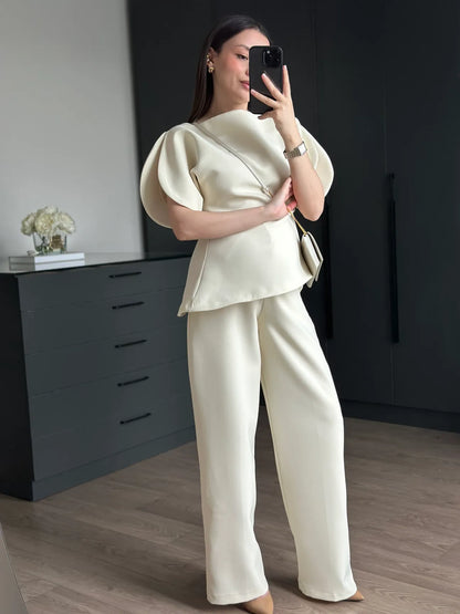 ASYMMETRICAL CUT BALLOON SLEEVE PREMIUM SET-BEIGE