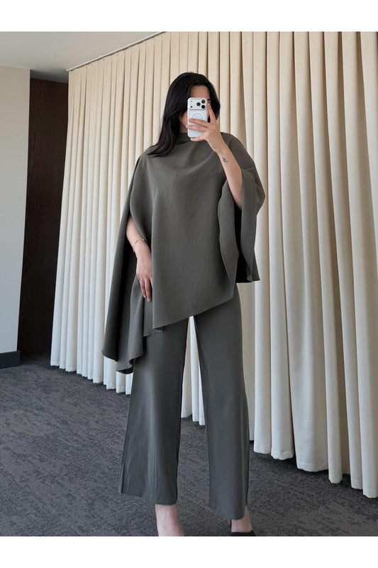 Asymmetric wide sleeve top with wide leg trouser co-ord set