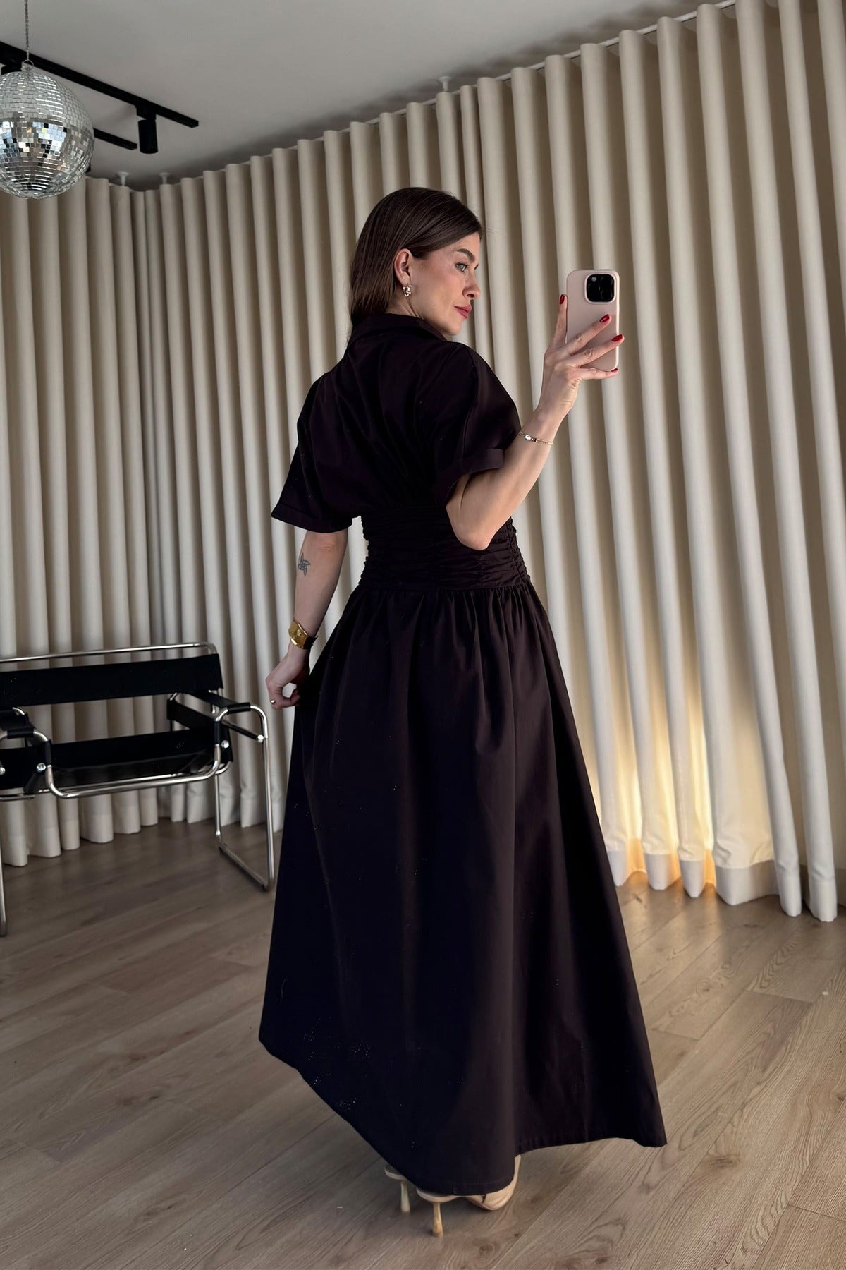 Brwon Shirt Collar Draped Waist Dress