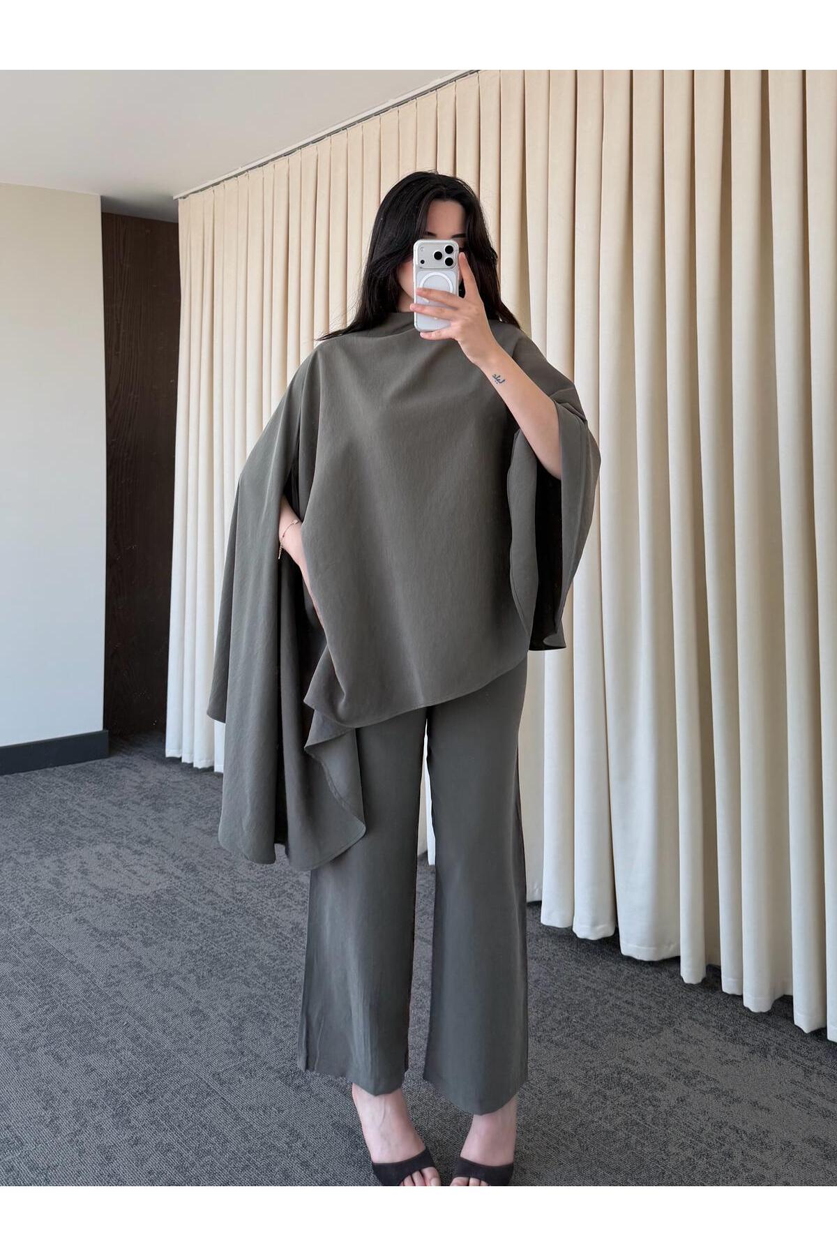 Asymmetric wide sleeve top with wide leg trouser co-ord set