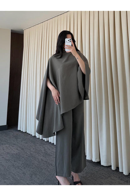 Asymmetric wide sleeve top with wide leg trouser co-ord set