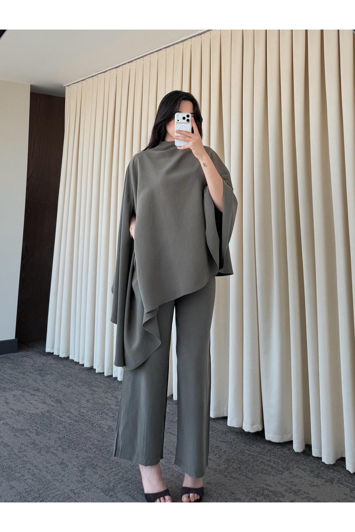Asymmetric wide sleeve top with wide leg trouser co-ord set