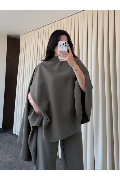Asymmetric wide sleeve top with wide leg trouser co-ord set
