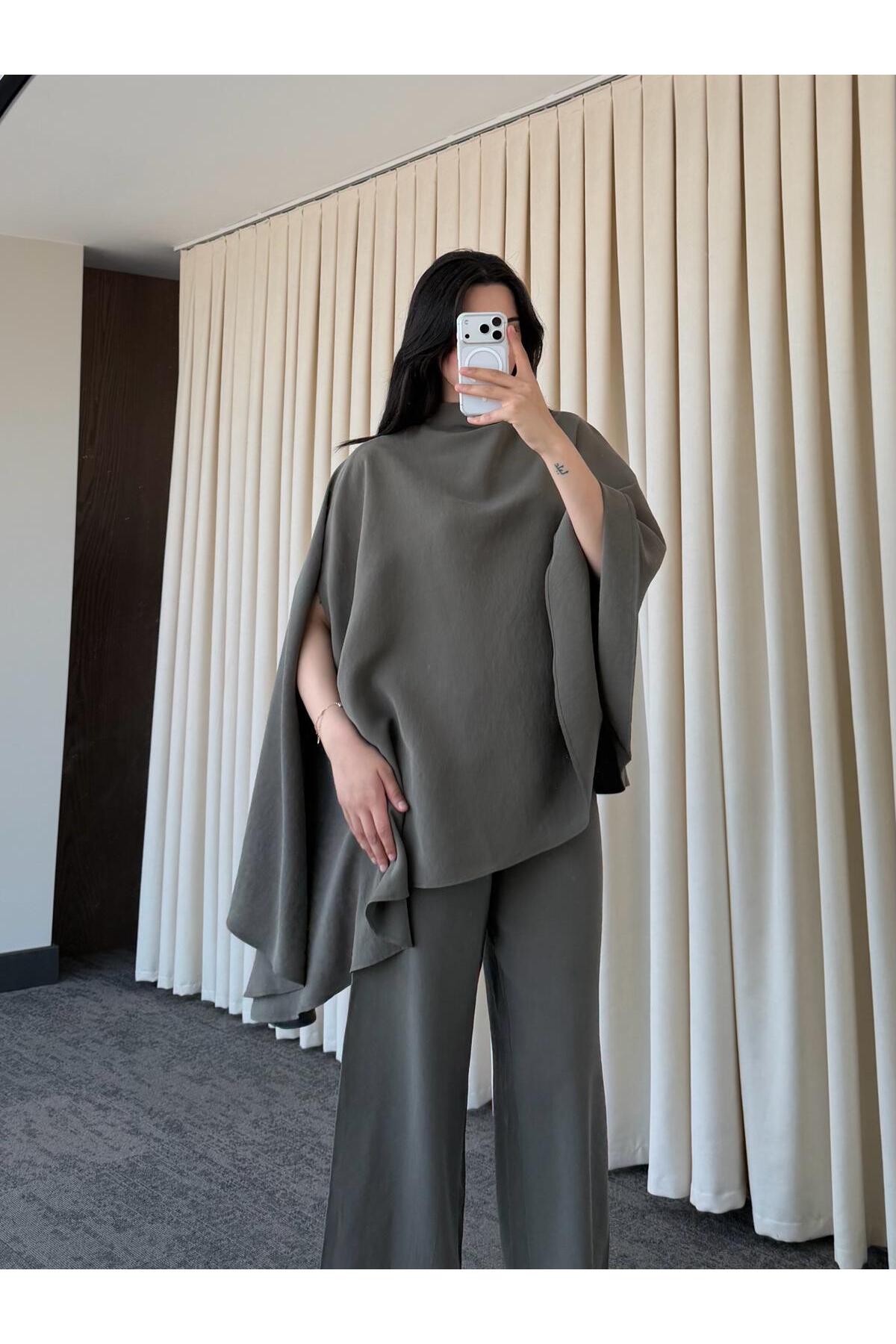 Asymmetric wide sleeve top with wide leg trouser co-ord set