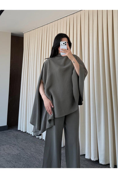 Asymmetric wide sleeve top with wide leg trouser co-ord set