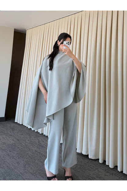 Asymmetric wide sleeve top with wide leg trouser co-ord set