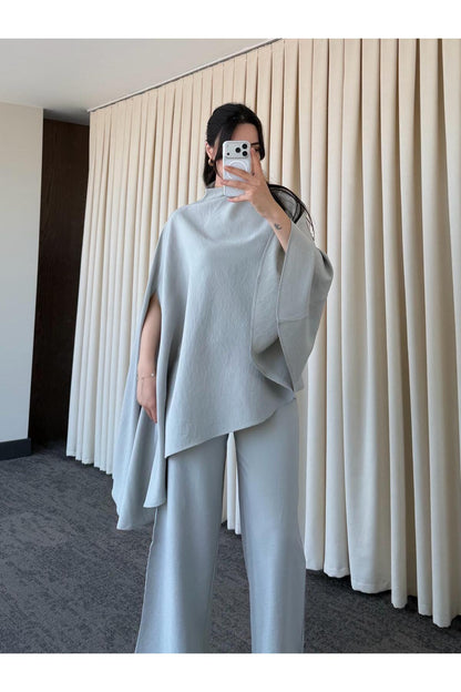 Asymmetric wide sleeve top with wide leg trouser co-ord set