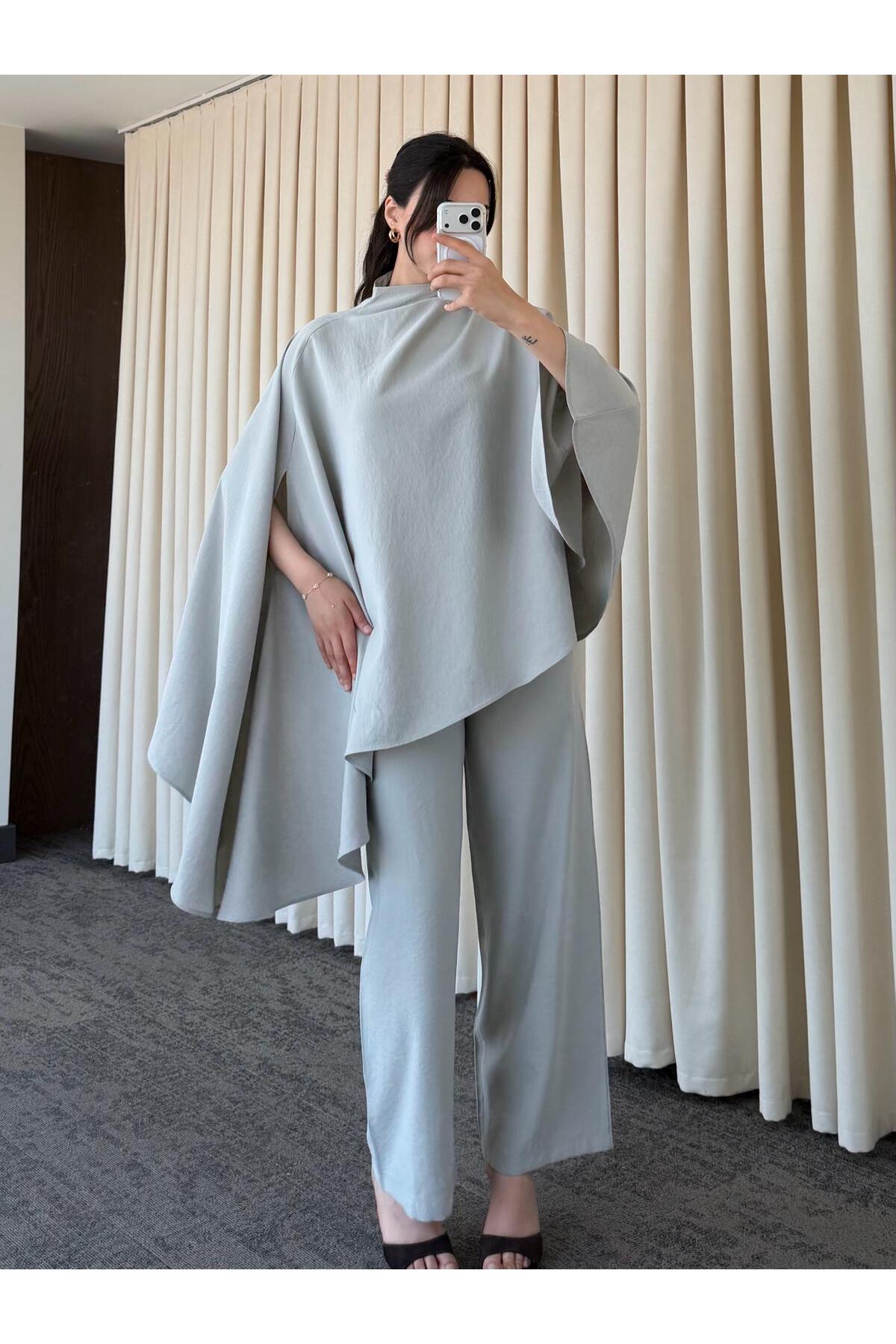 Asymmetric wide sleeve top with wide leg trouser co-ord set