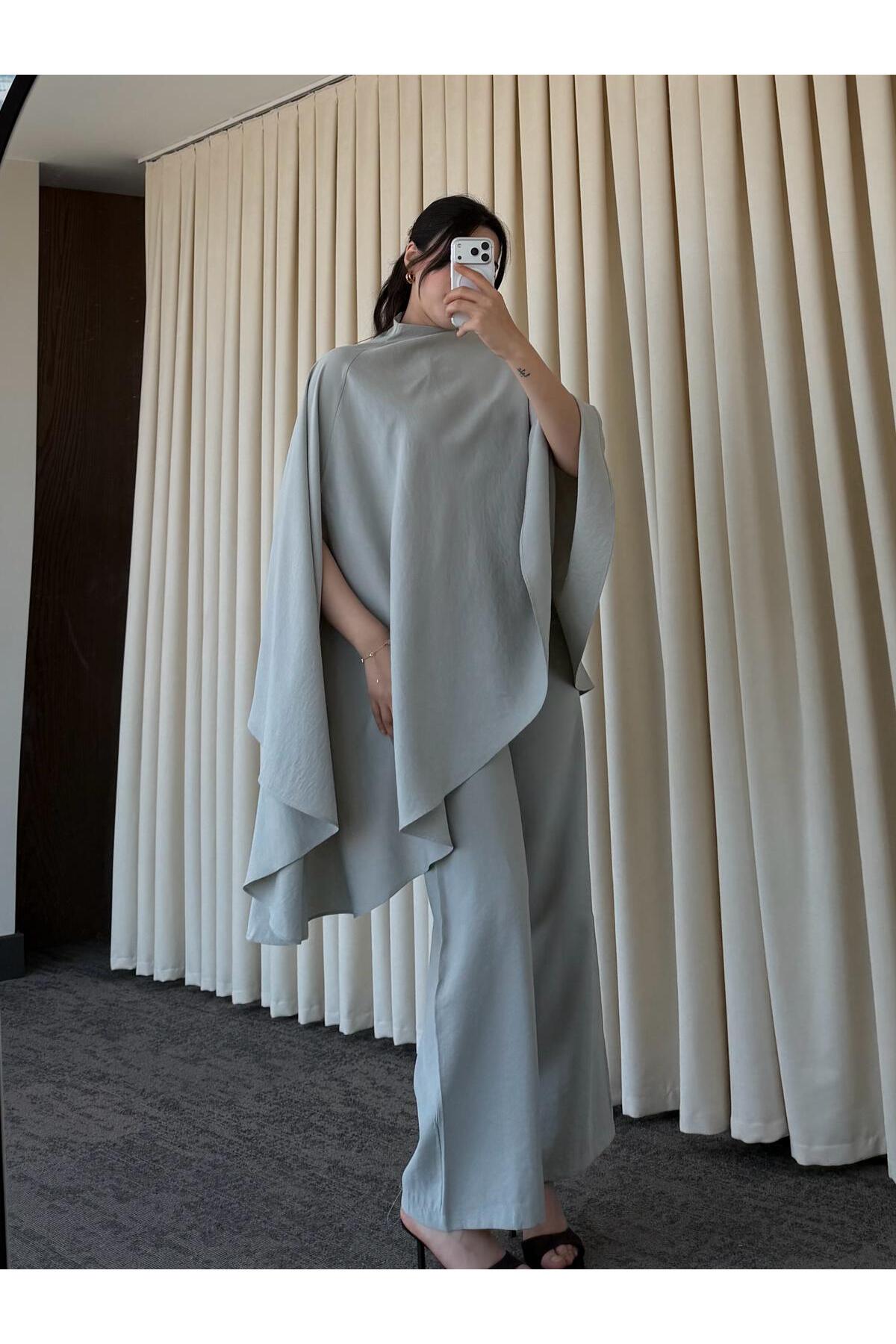 Asymmetric wide sleeve top with wide leg trouser co-ord set