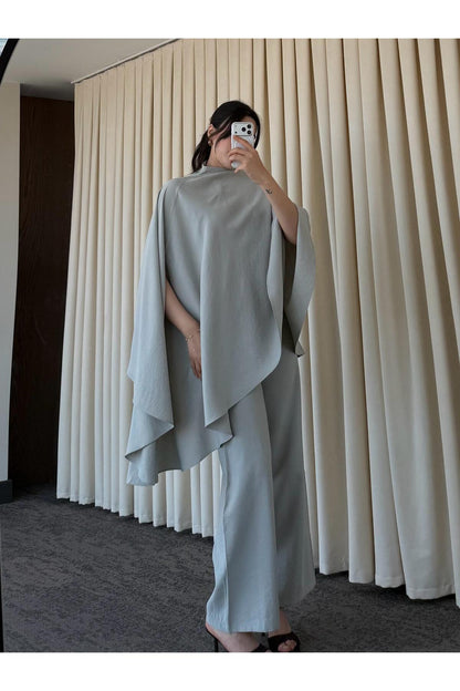 Asymmetric wide sleeve top with wide leg trouser co-ord set