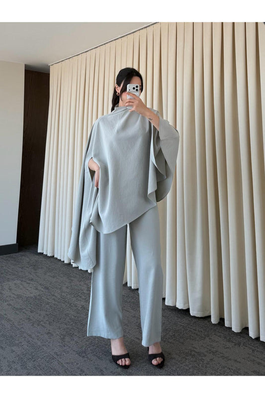 Asymmetric wide sleeve top with wide leg trouser co-ord set