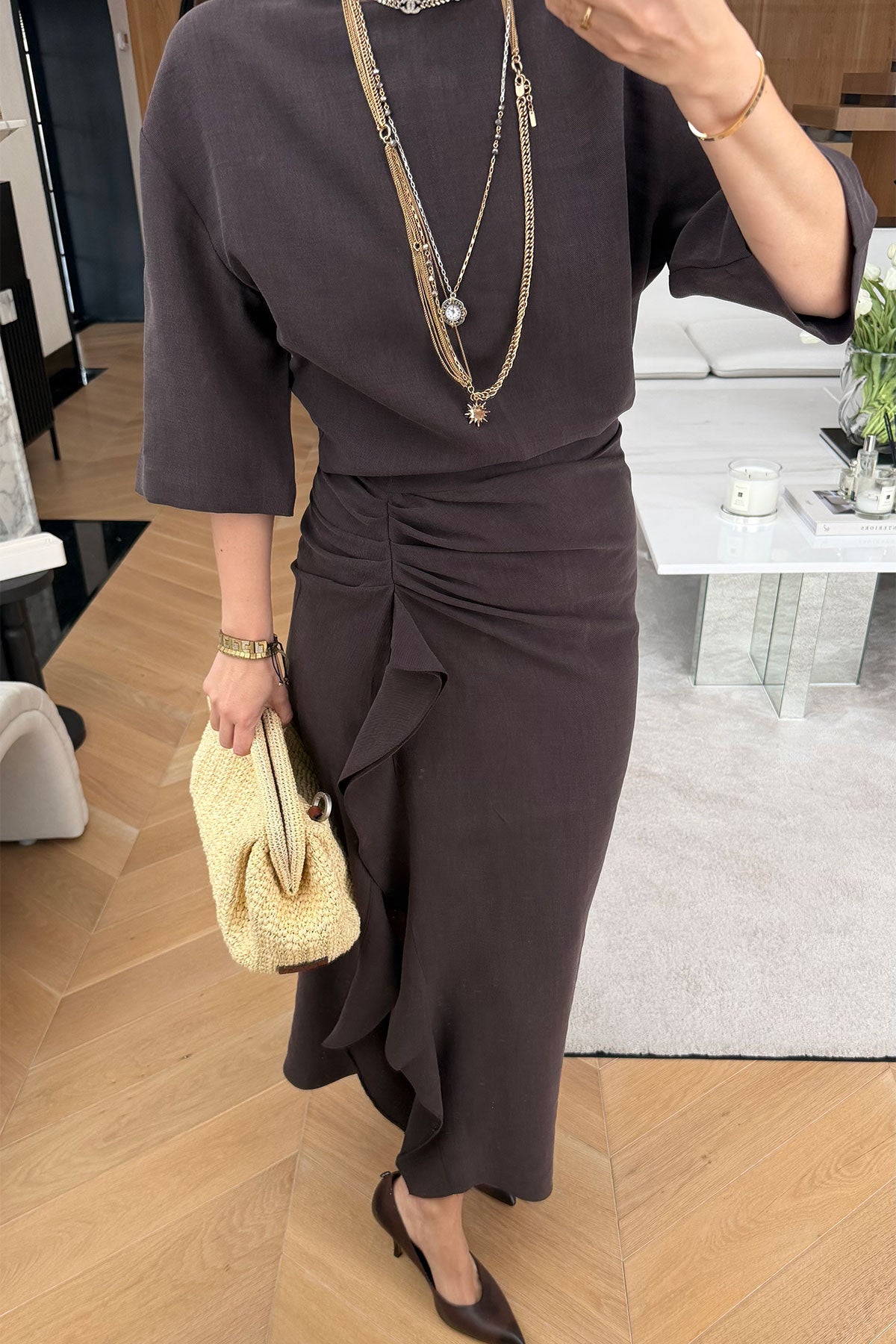 Zr model morley dress with side ruffle details