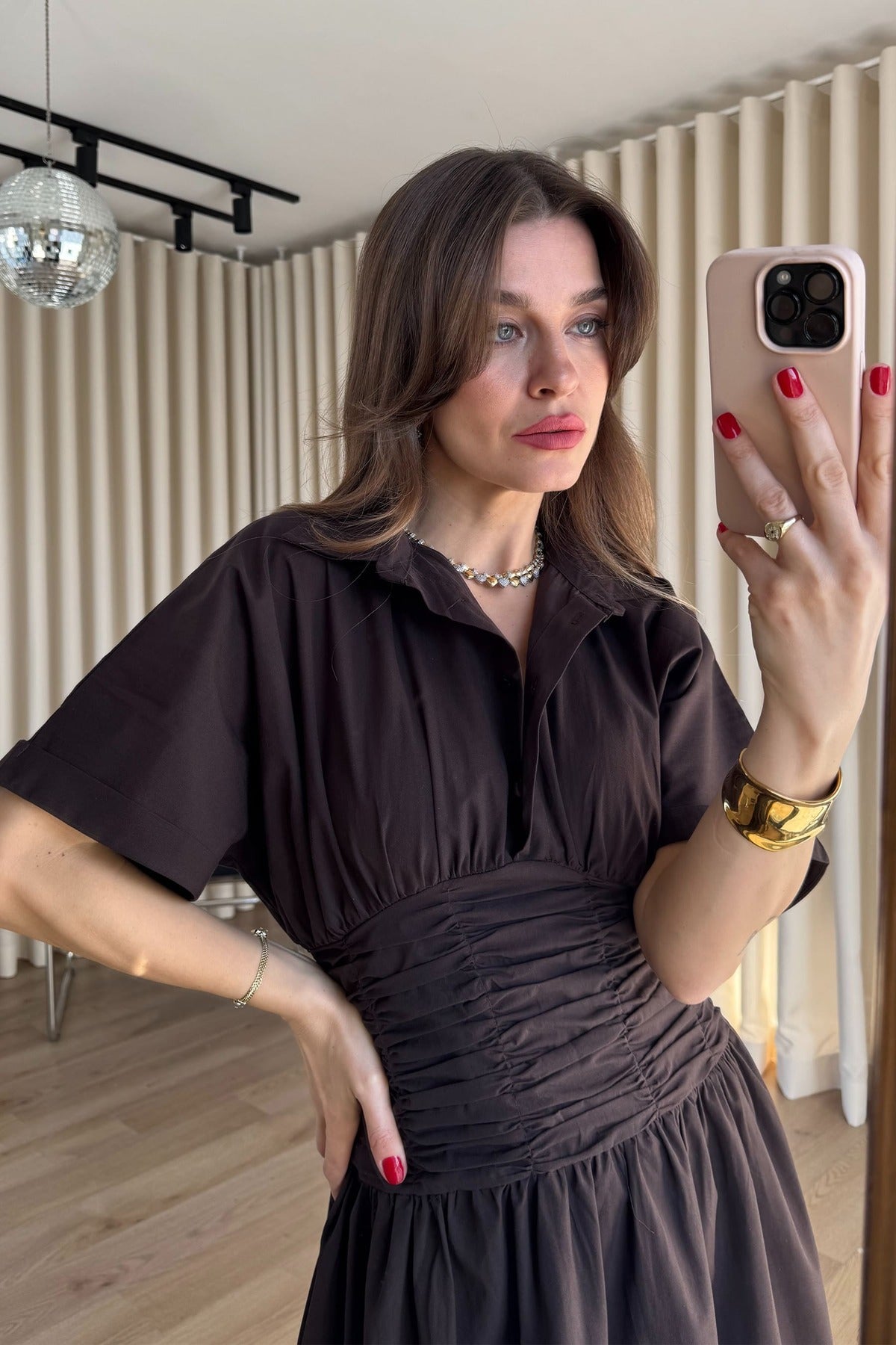 Brwon Shirt Collar Draped Waist Dress