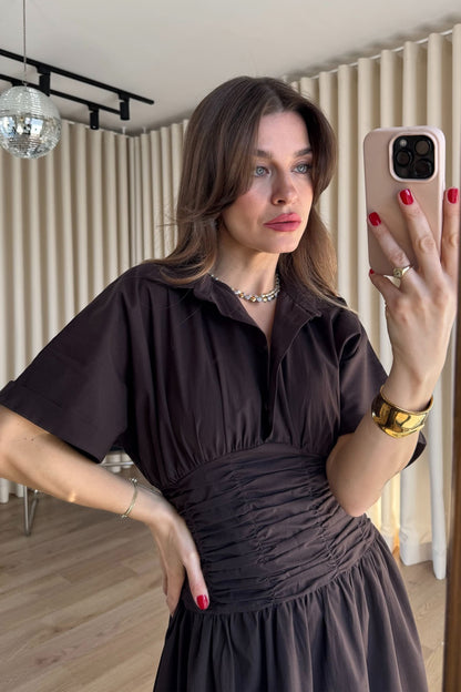 Brwon Shirt Collar Draped Waist Dress