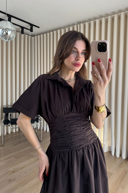 Brwon Shirt Collar Draped Waist Dress