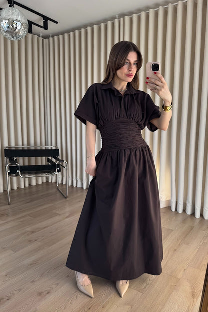 Brwon Shirt Collar Draped Waist Dress