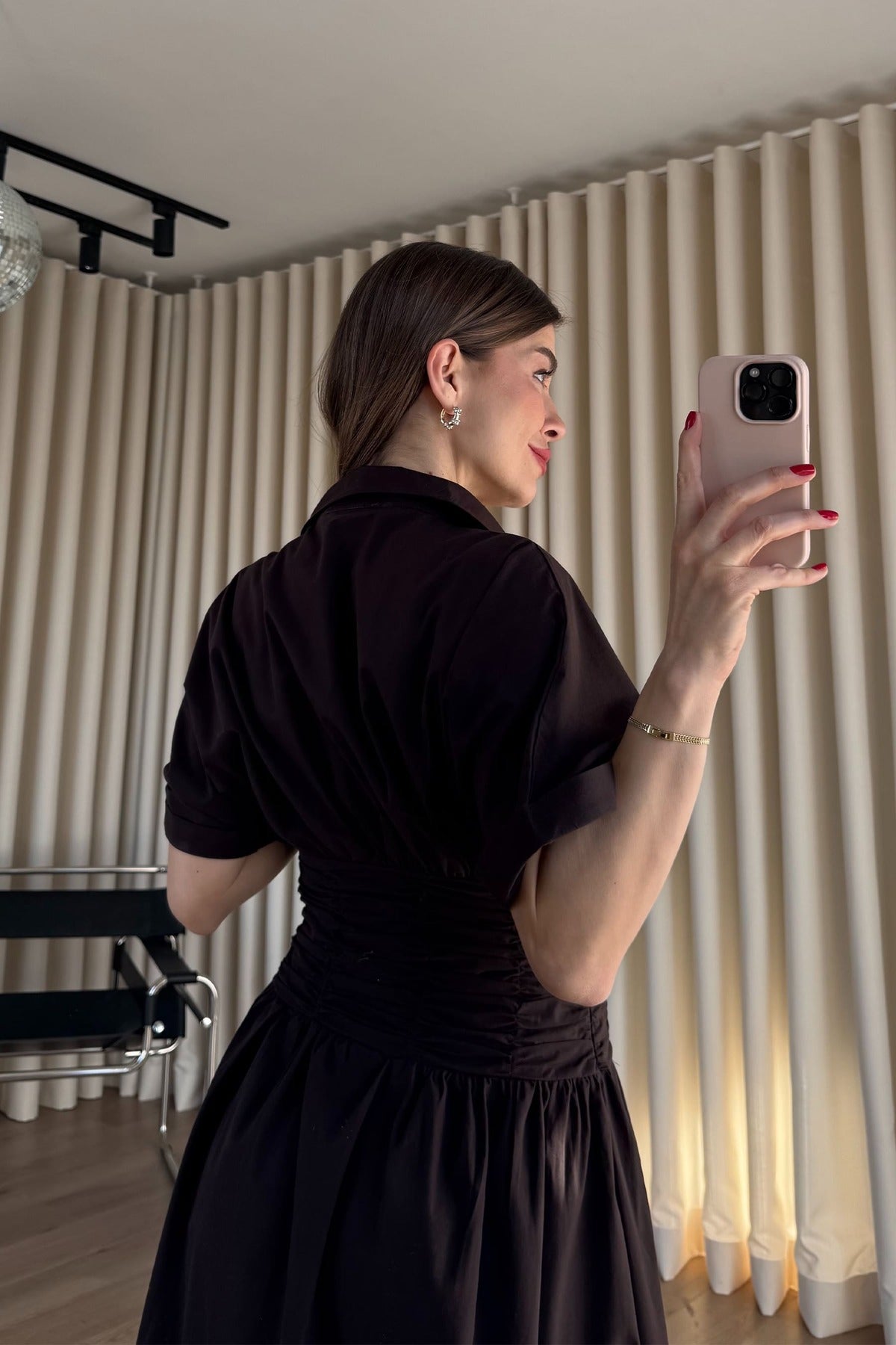 Brwon Shirt Collar Draped Waist Dress