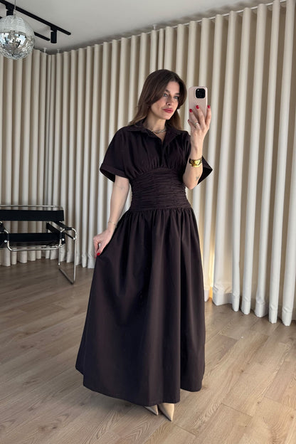 Brwon Shirt Collar Draped Waist Dress