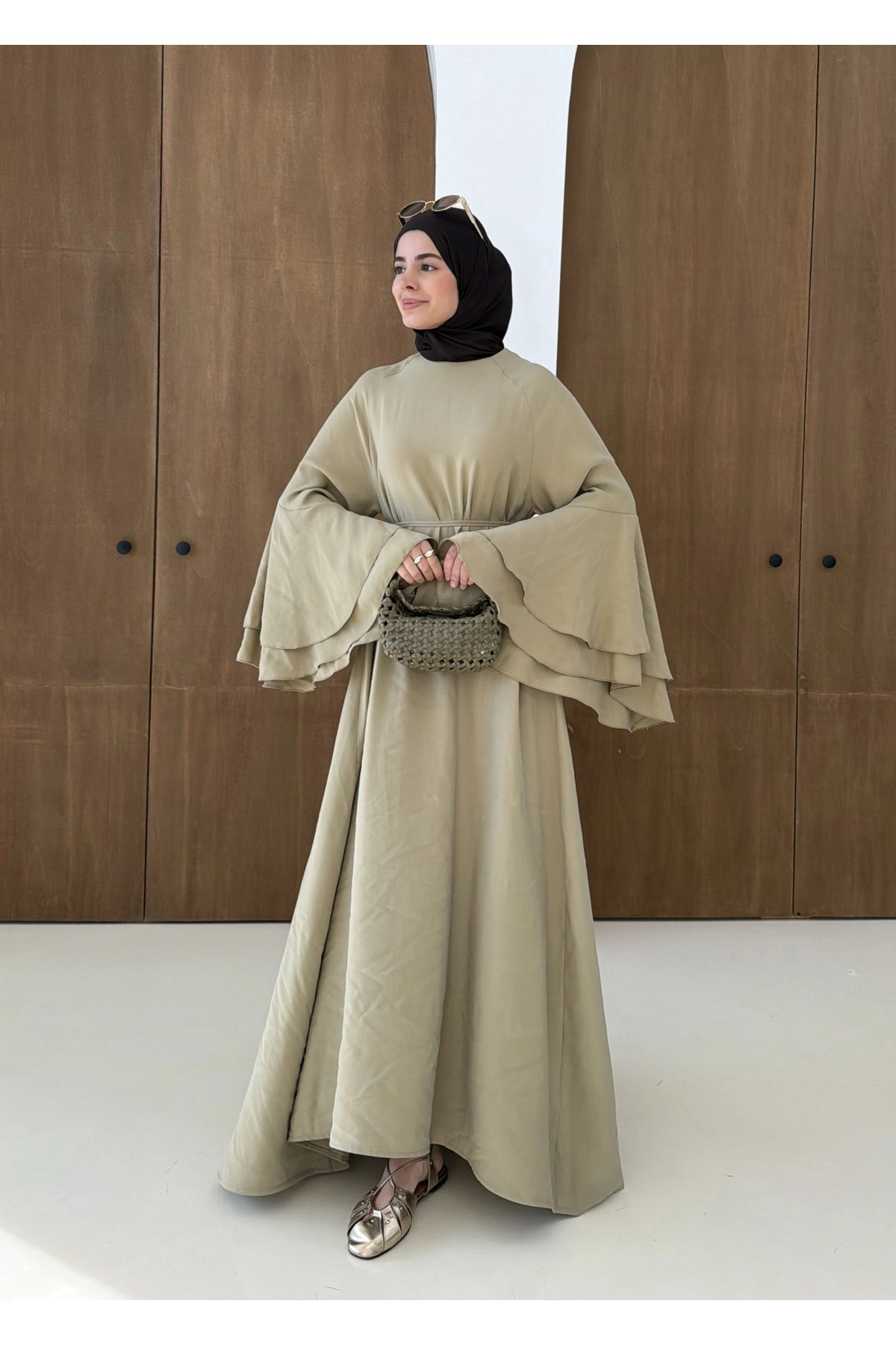 Layered sleeve maxi belted dress ( unlined )