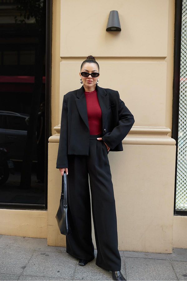 Cropped blazer, wide leg trouser suit