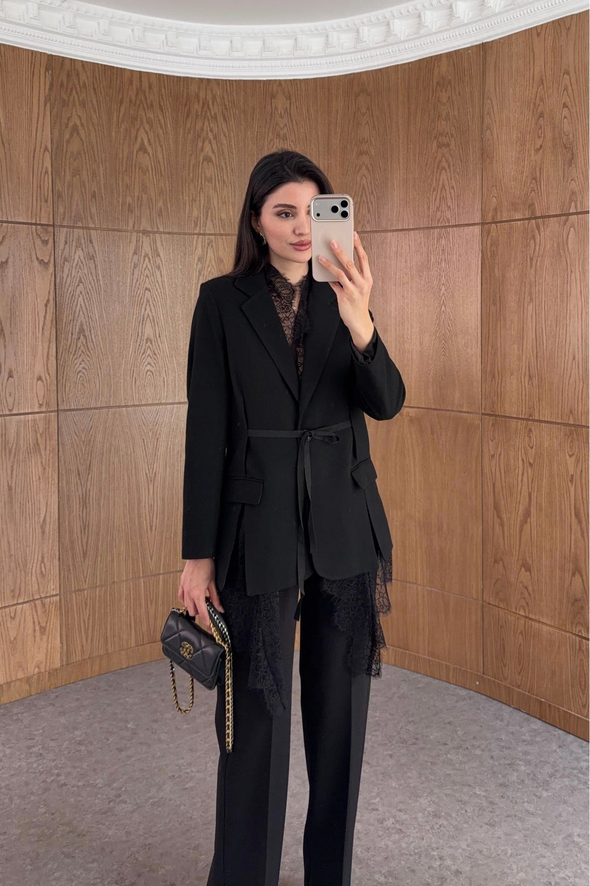 Lace-trimmed Black Premium blazer with belt