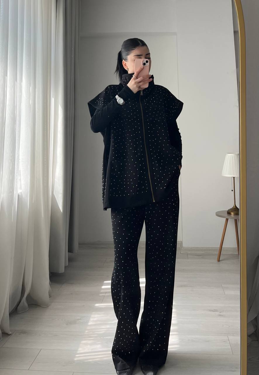 Cotton Set with a Sleeveless Design, Fully Embellished with Rhinestones - black