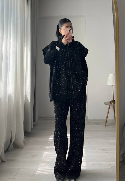 Cotton Set with a Sleeveless Design, Fully Embellished with Rhinestones - black