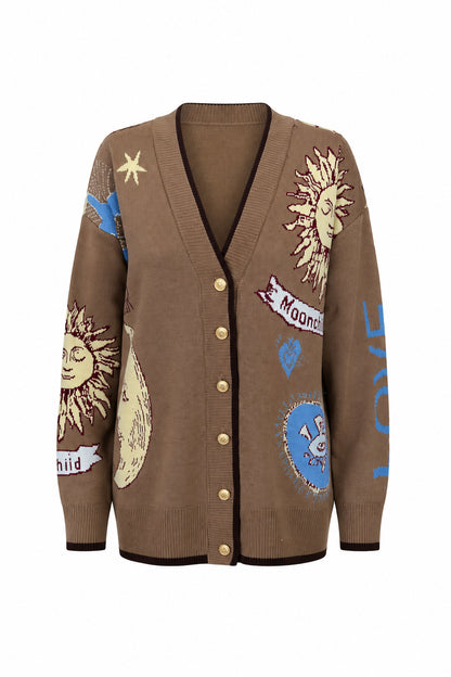 Graphic Button-Up Cardigan - Mocha brown
