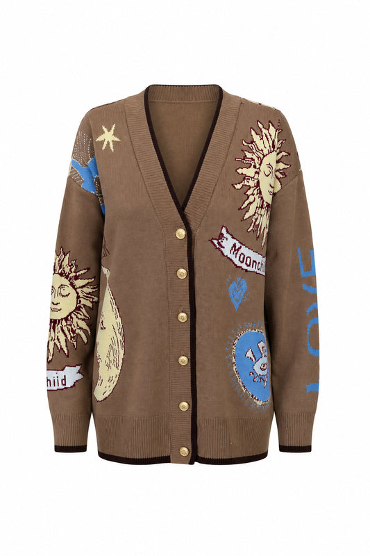 Graphic Button-Up Cardigan - Mocha brown