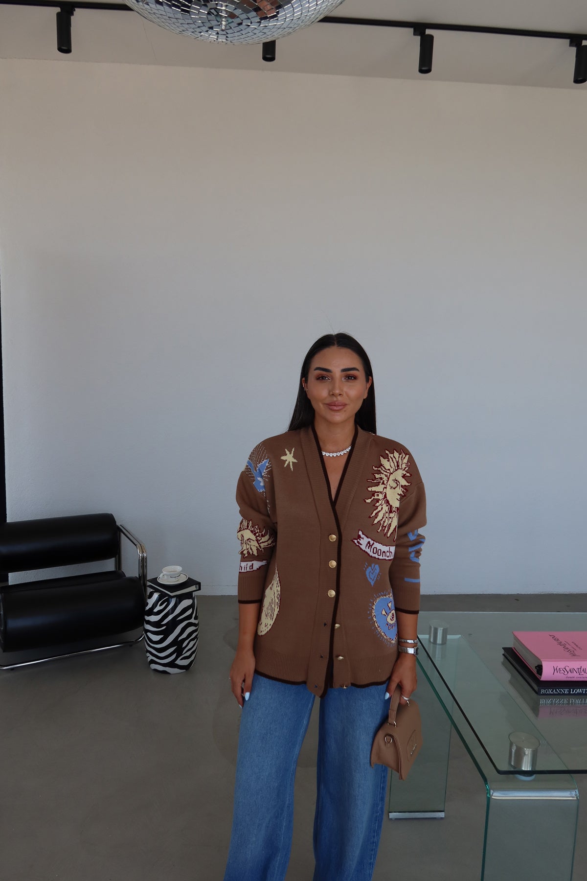 Graphic Button-Up Cardigan - Mocha brown