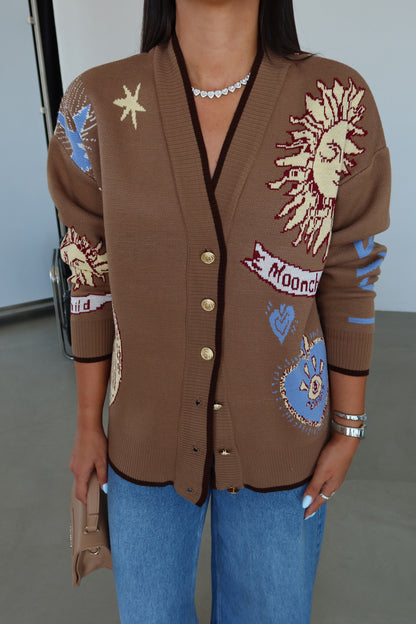 Graphic Button-Up Cardigan - Mocha brown
