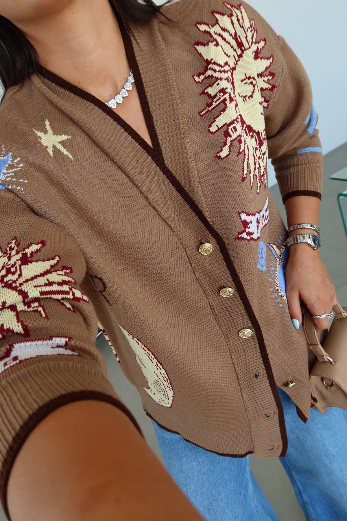Graphic Button-Up Cardigan - Mocha brown