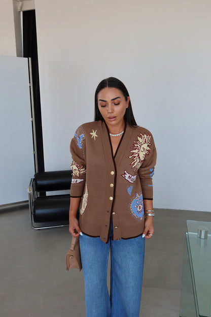 Graphic Button-Up Cardigan - Mocha brown