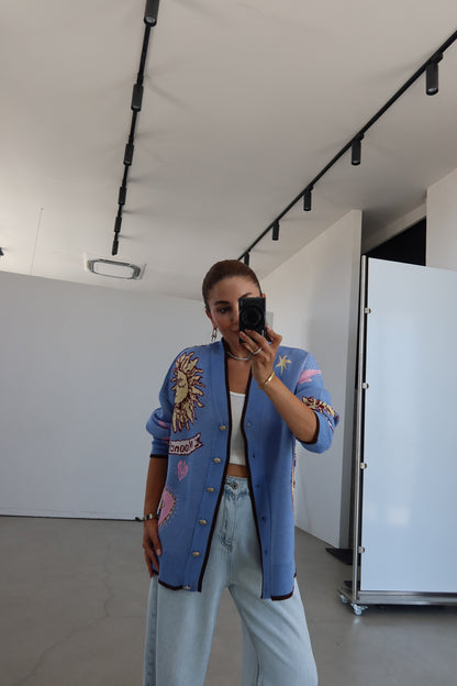 Graphic Button-Up Cardigan - blue