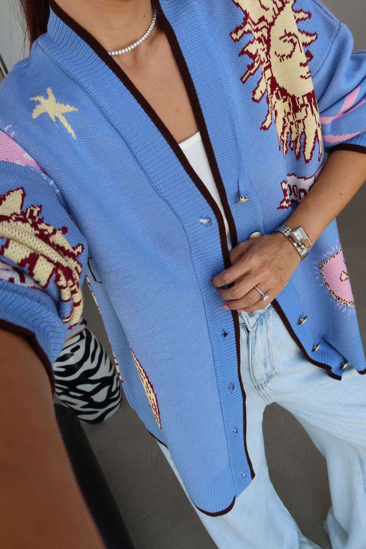 Graphic Button-Up Cardigan - blue