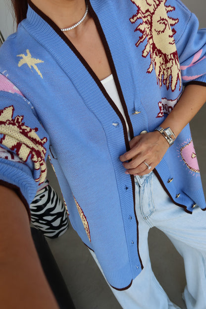 Graphic Button-Up Cardigan - blue