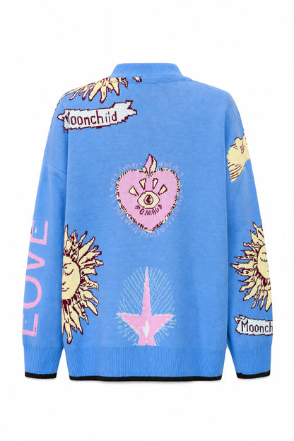 Graphic Button-Up Cardigan - blue