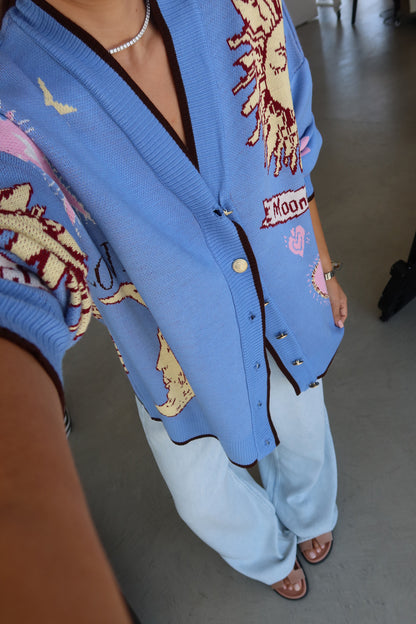 Graphic Button-Up Cardigan - blue