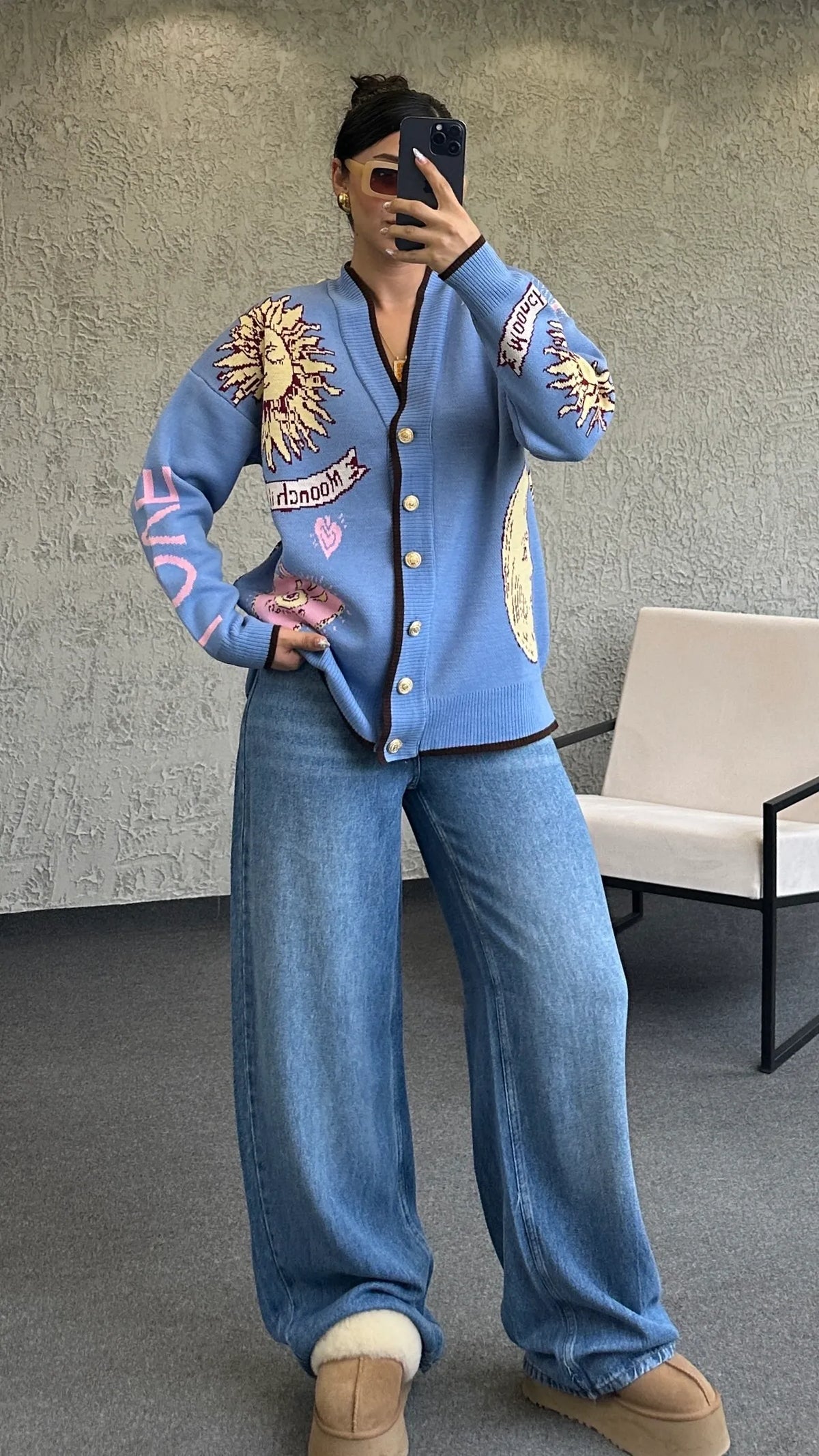Graphic Button-Up Cardigan - blue