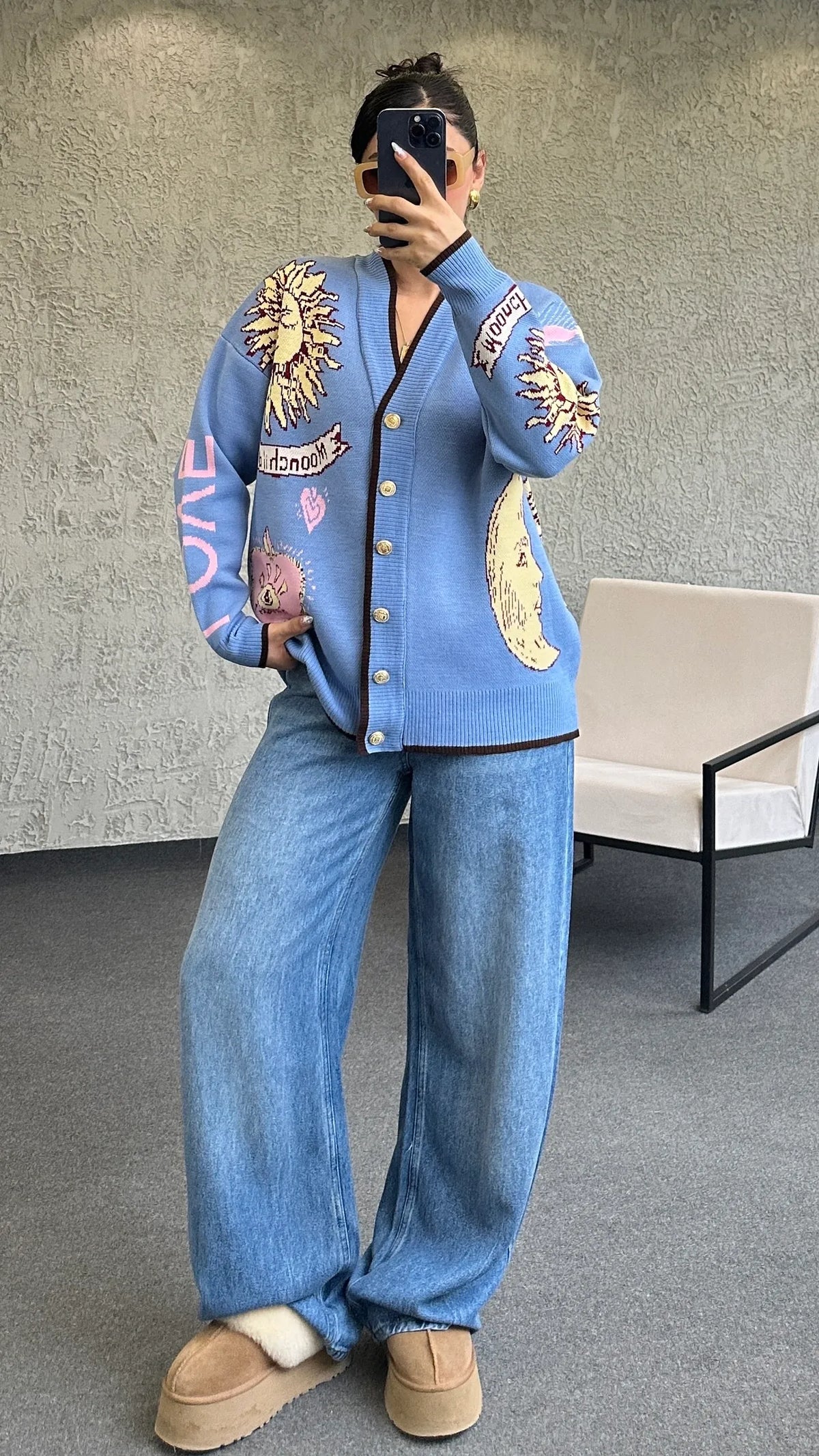 Graphic Button-Up Cardigan - blue