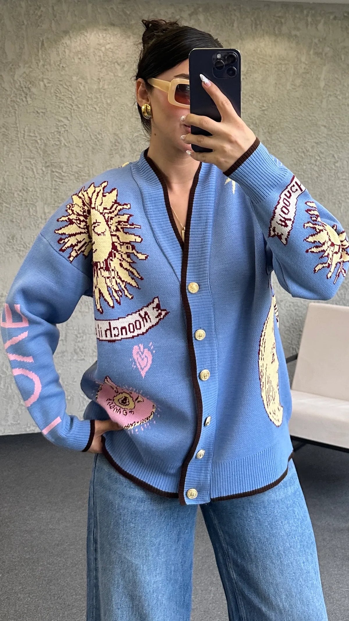Graphic Button-Up Cardigan - blue